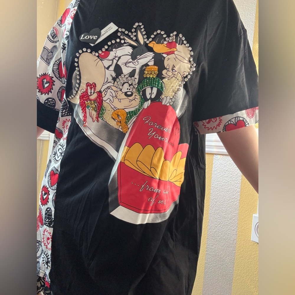 Black Graphic Tee with Heart Design